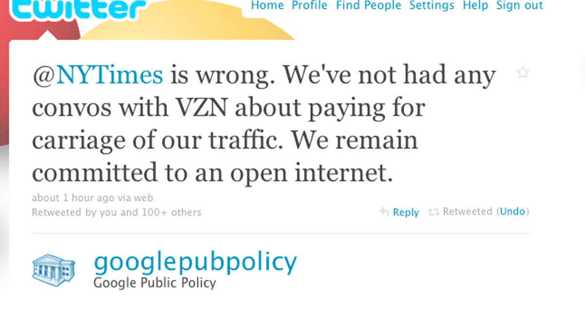 Google used Twitter to deny a recent New York Times report on its Net neutrality negotiation strategies.