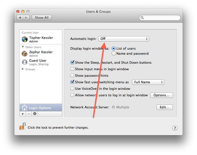 Automatic log-in system preferences