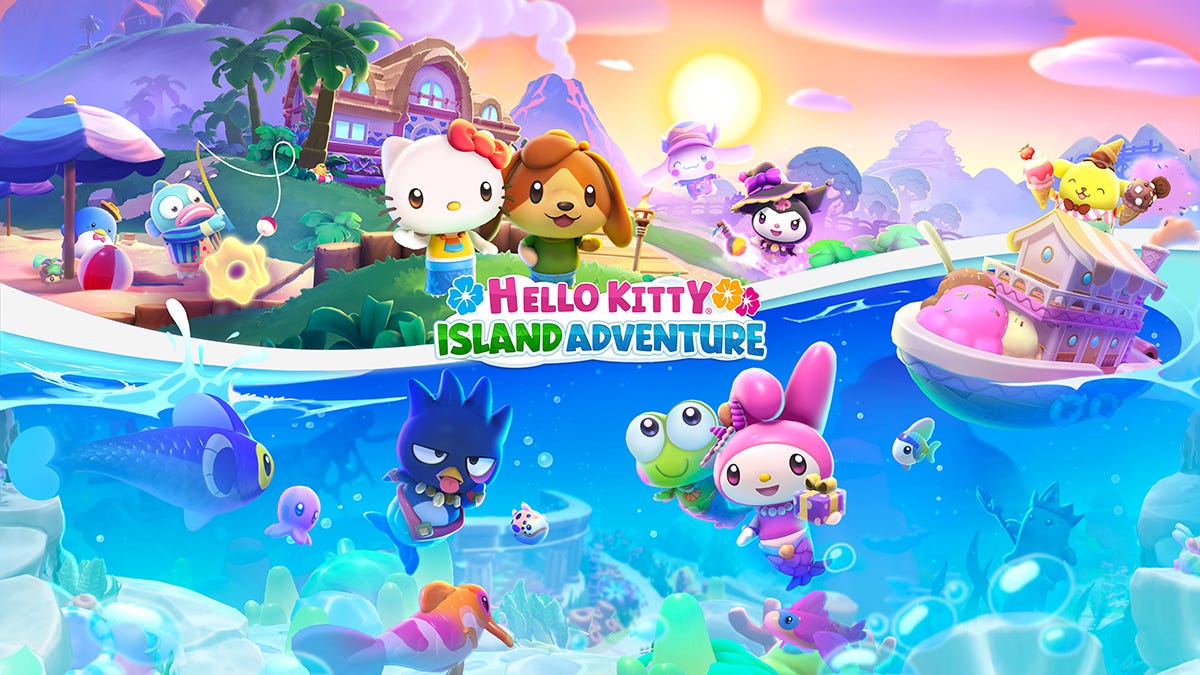 Hello Kitty Island Adventure title card showing Hello Kitty characters on an island with some characters in the water