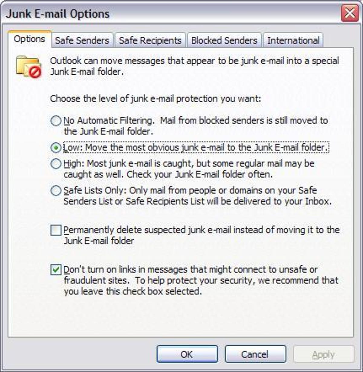 Microsoft Outlook 2003 Junk E-mail Options dialog box