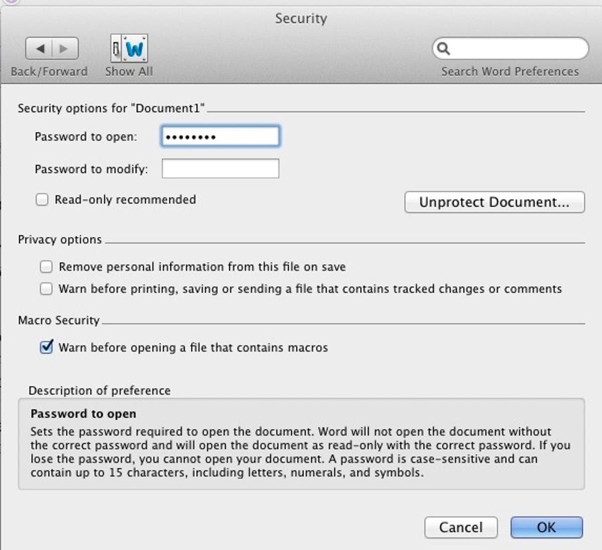 Microsoft Word for Mac 2011 security options