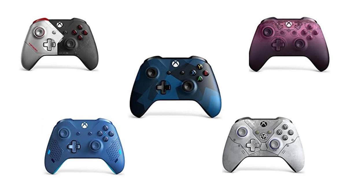 Five special edition Xbox controllers are displayed against a white background.