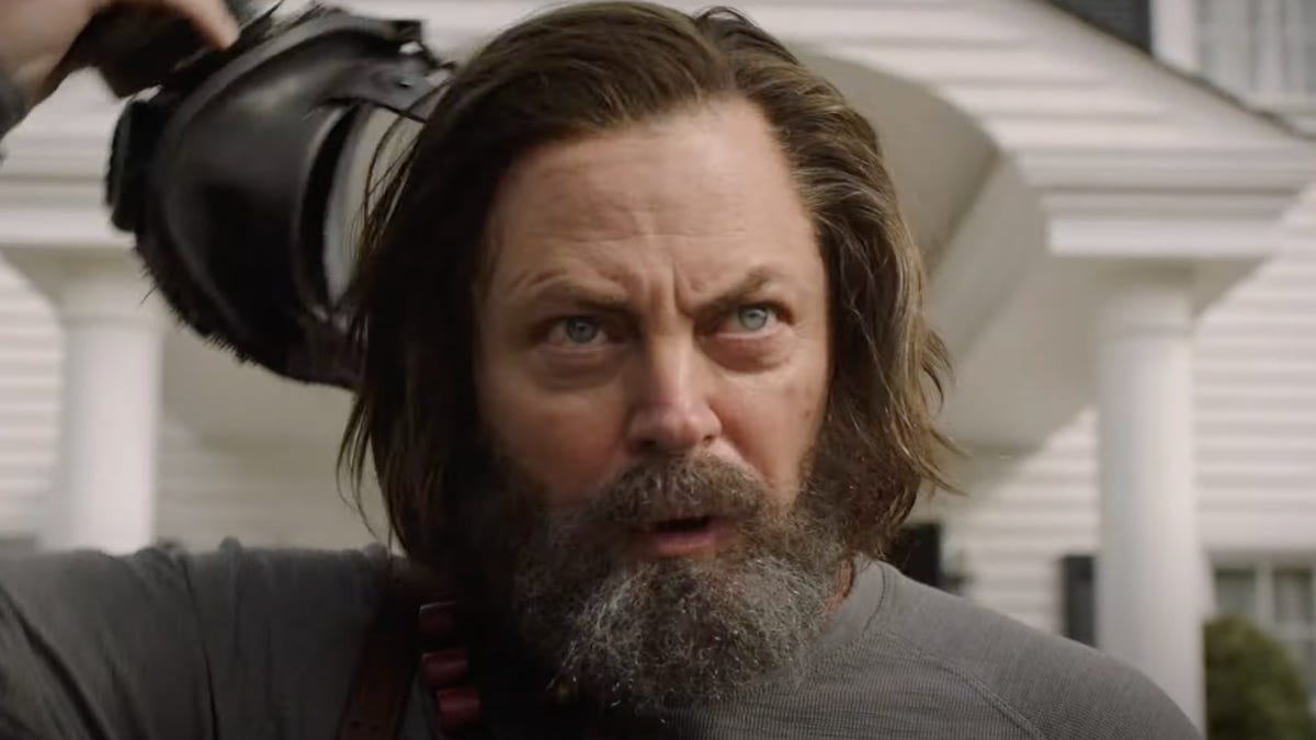 A bearded Nick Offerman making a serious expression as Bill from The Last of Us
