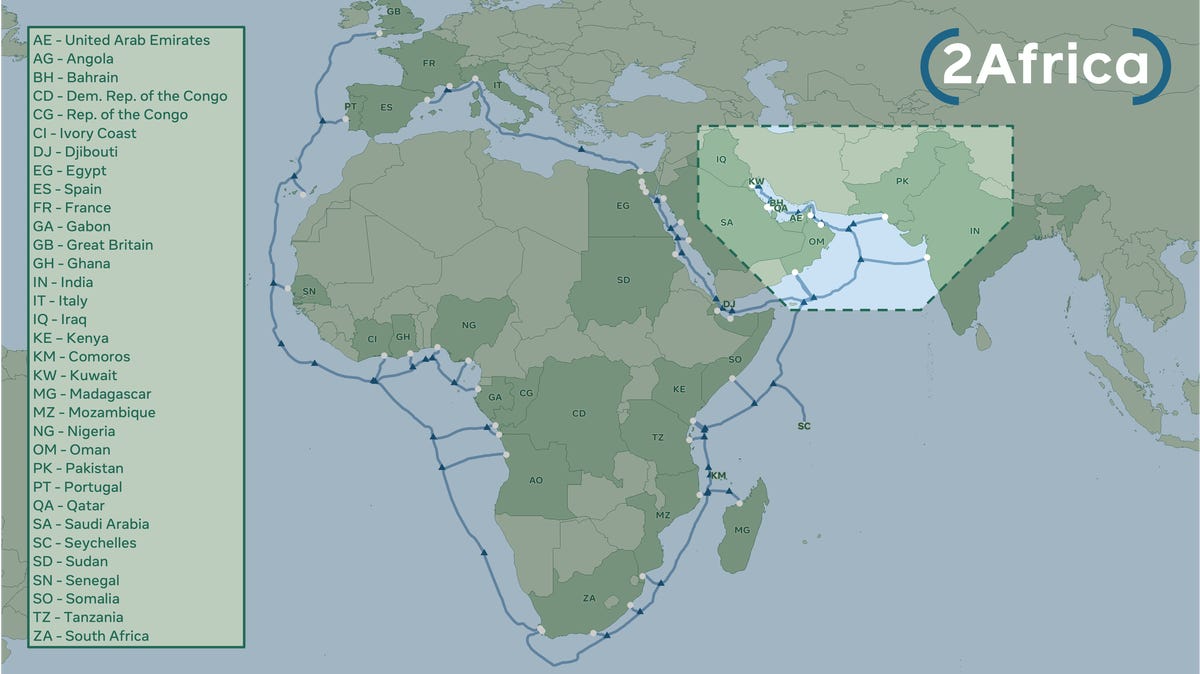 Map of the 2Africa cable extending around Africa