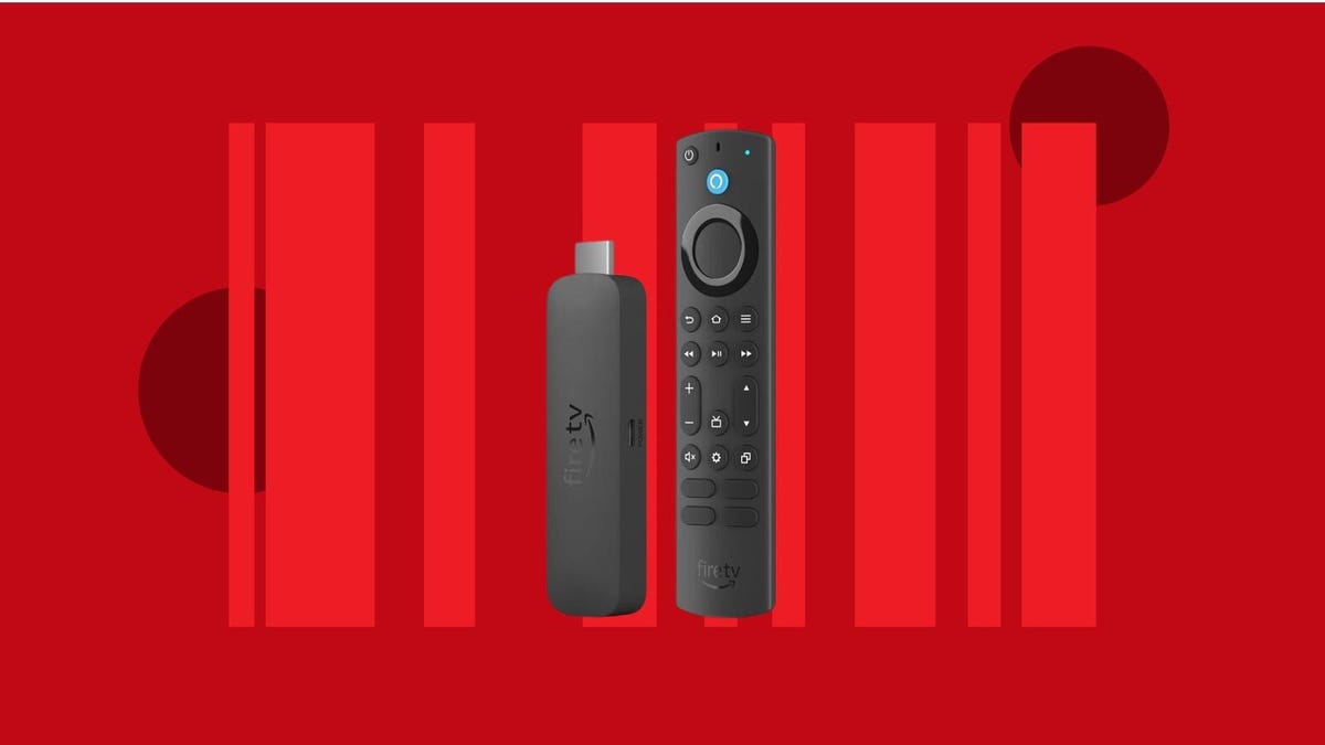 A Fire TV Stick 4K Max streamer and remote against an orange background.