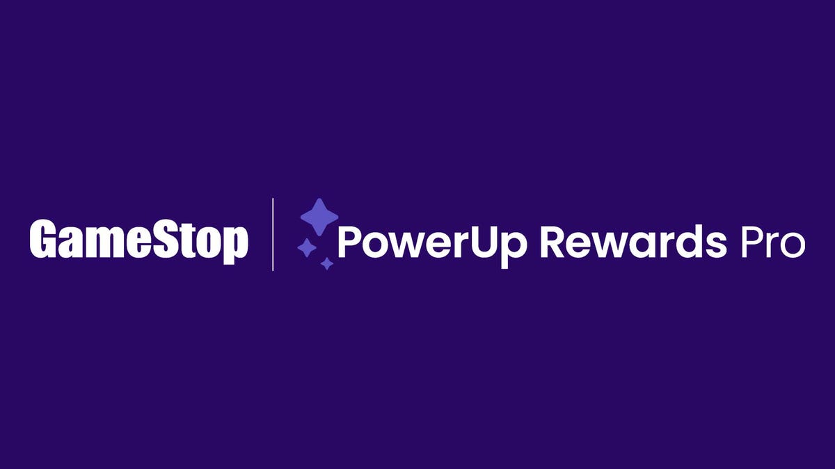 The GameStop and PowerUp Rewards Pro logos against a purple background.