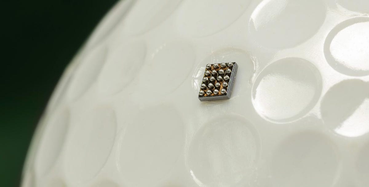 Freescale Semiconductor's Kinetis KL03 processor, shown here nestled inside a dimple of a golf ball.