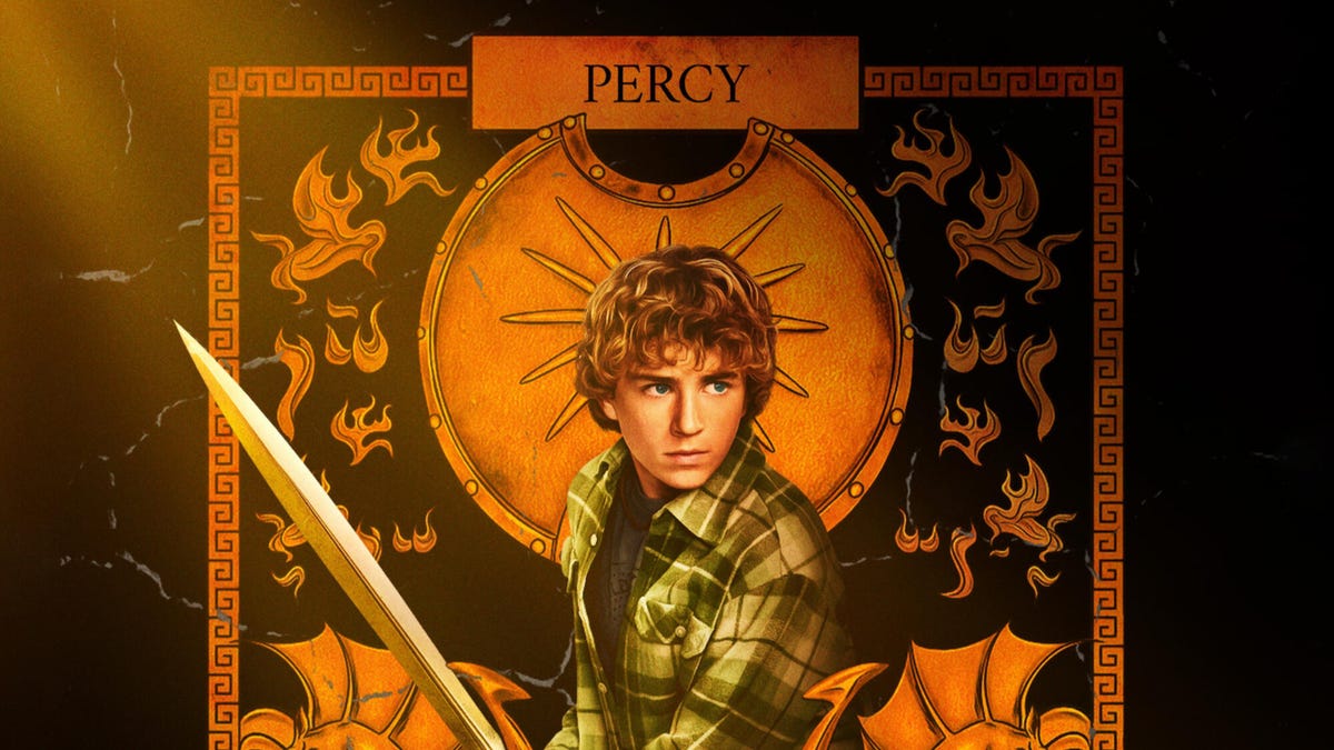 Promotional image from the movie Percy Jackson and the Olympians, showing Percy holding a sword.