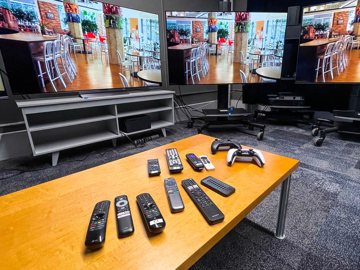 Remote controls lined up in the TV testing lab