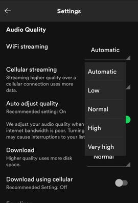 Spotify audio quality settings