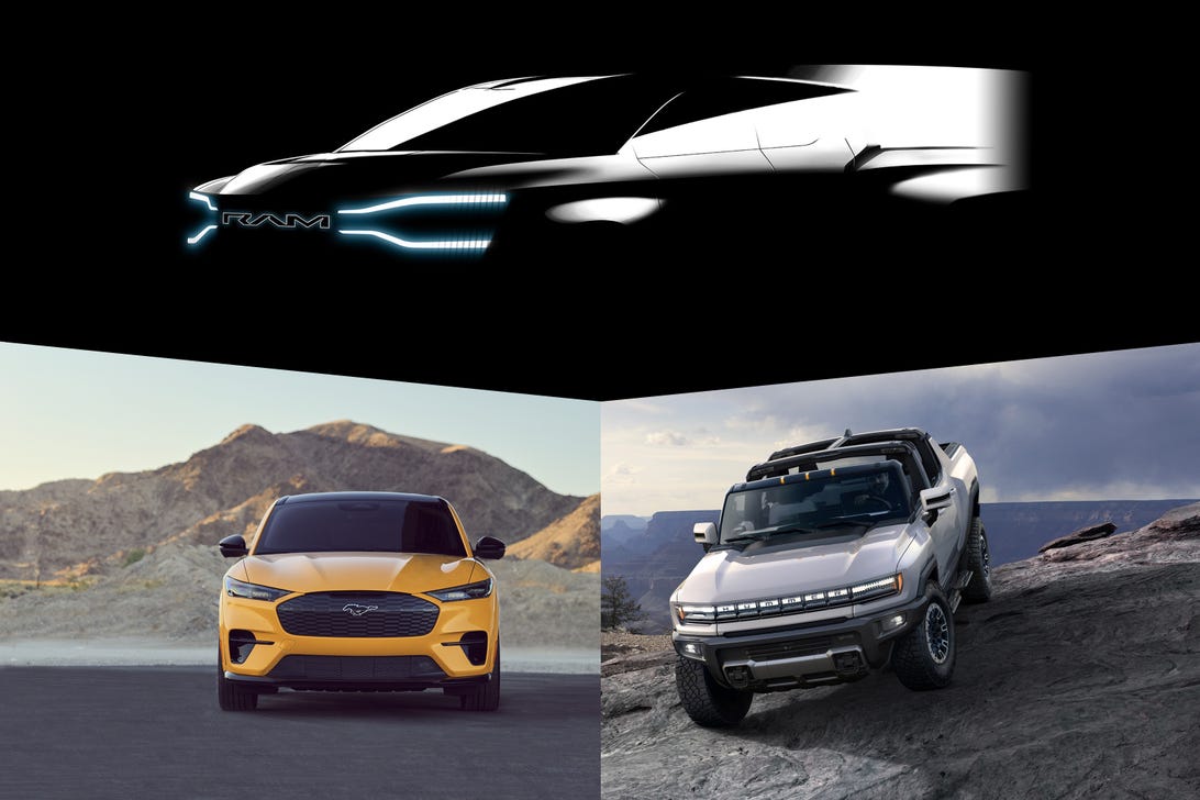 Three EVs: Mustang Mach-E, Hummer pickup, Ram truck