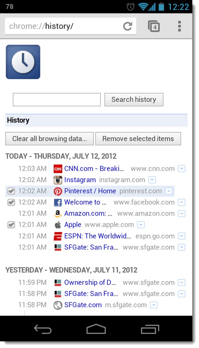 Chrome for mobile history