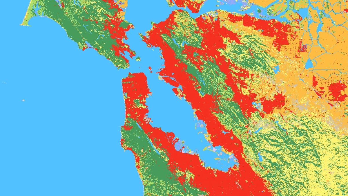 Screenshot of Google Dynamic World map of the San Francisco Bay Area. 