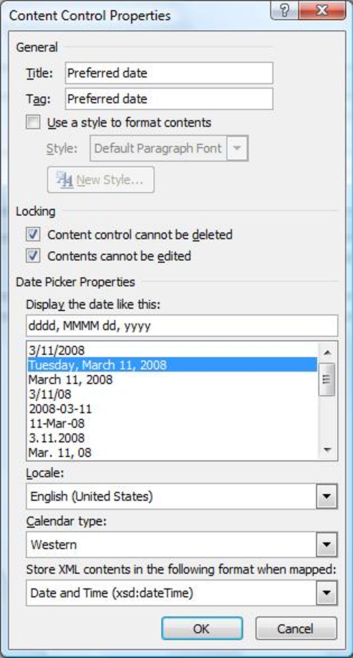 The Calendar Control Properties dialog box in Microsoft Word 2007