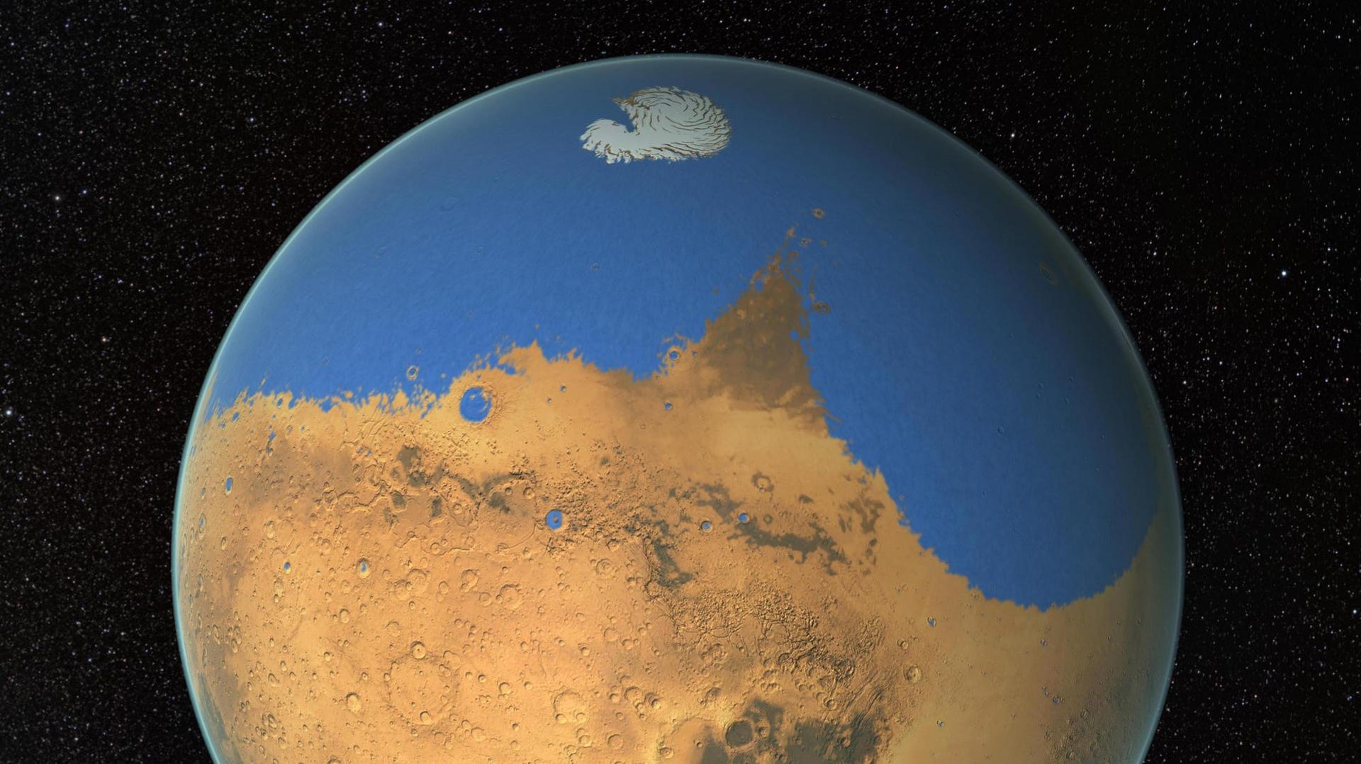 Illustration of reddish Mars with a big splash of a blue ocean across the top of the planet.