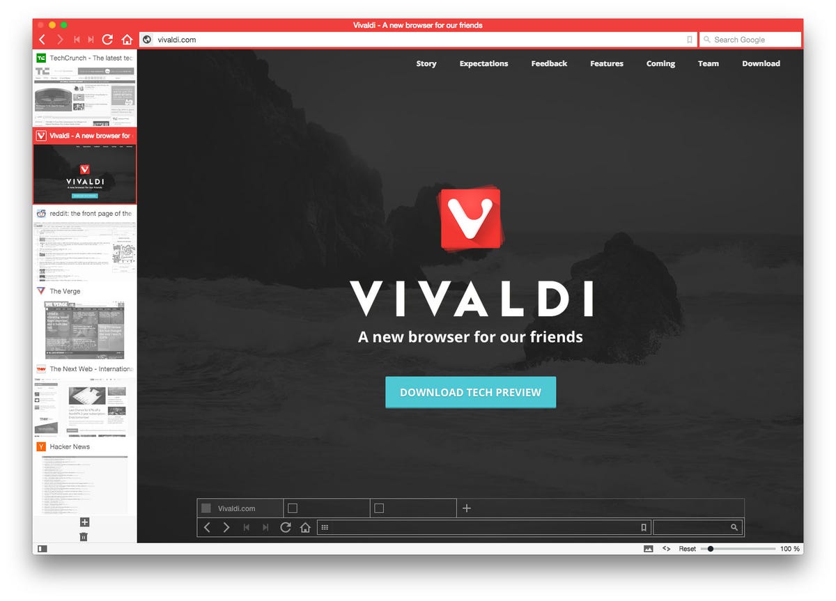 Vivaldi lets people organize browser tabs visually down the left edge of the screen.