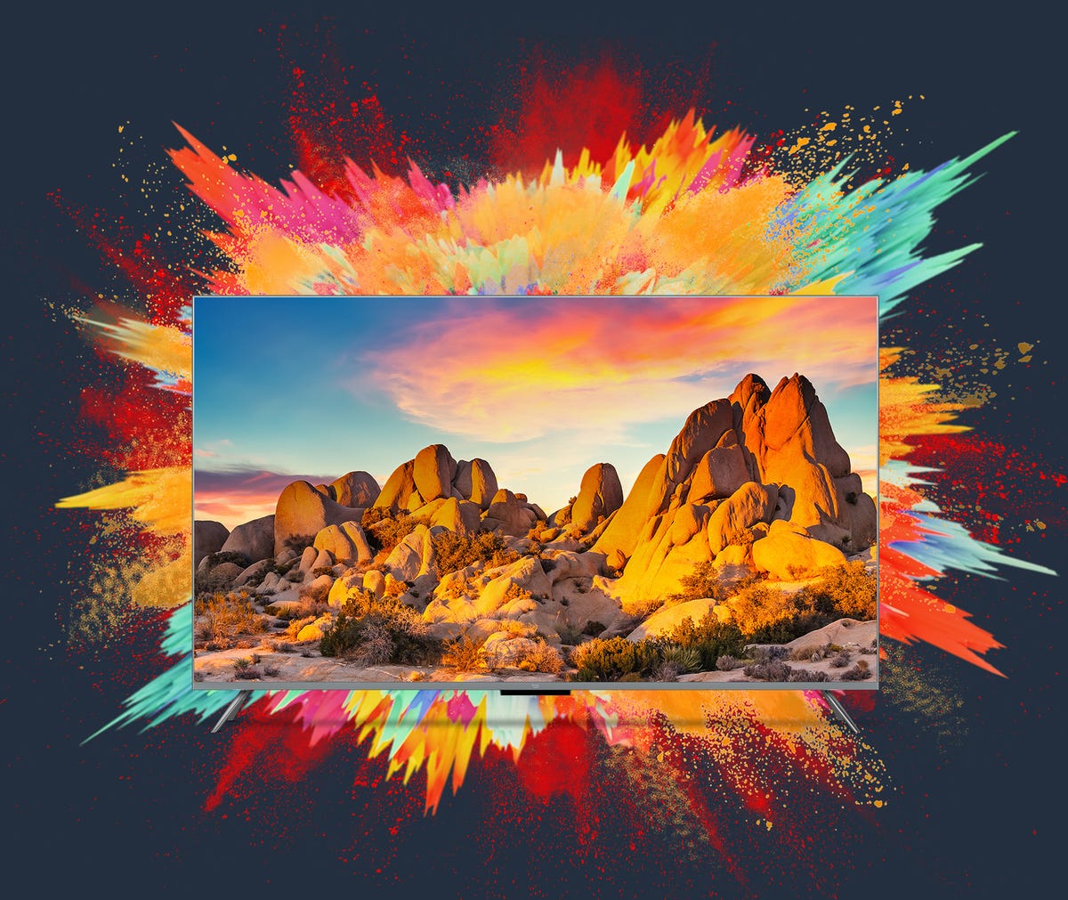 The Amazon Fire TV Omni QLED on a colorful background.