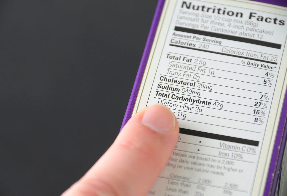 finger pointing at a nutrition label on food packaging