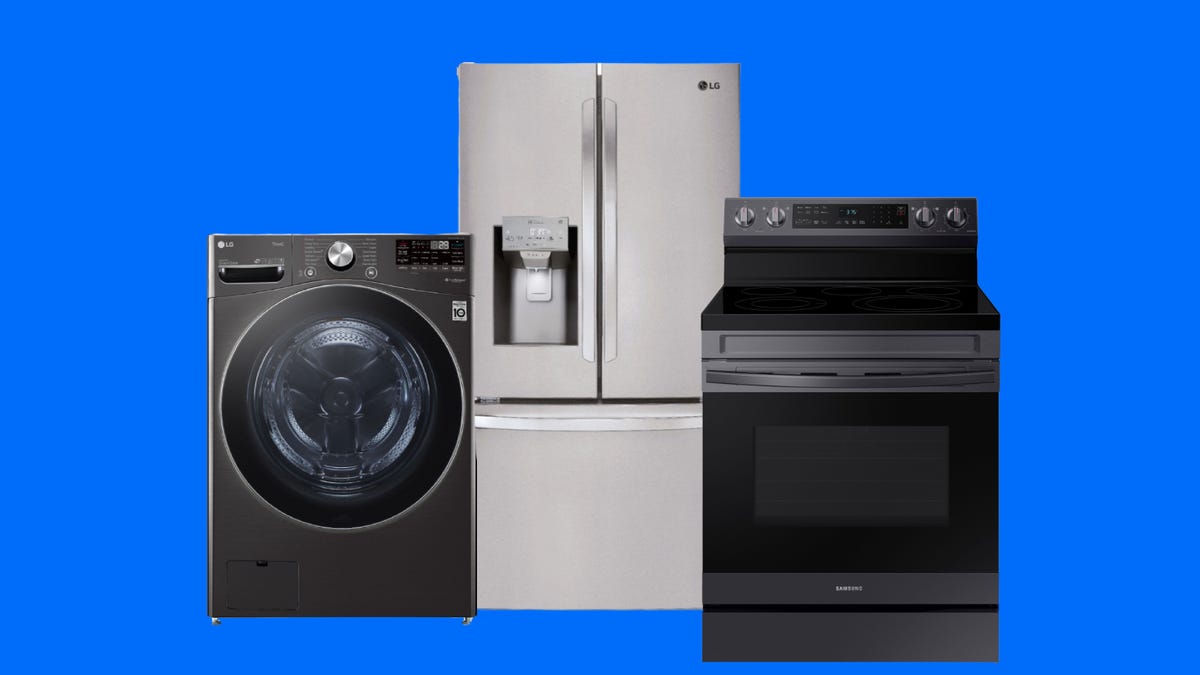 An oven, washing machine and refrigerator against a blue background.
