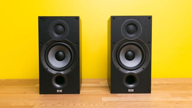A pair of black ELAC Debut 2.0 B6.2 bookshelf speakers