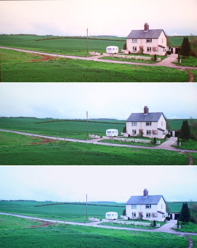 Three images of a farmhouse at three different color temperatures.