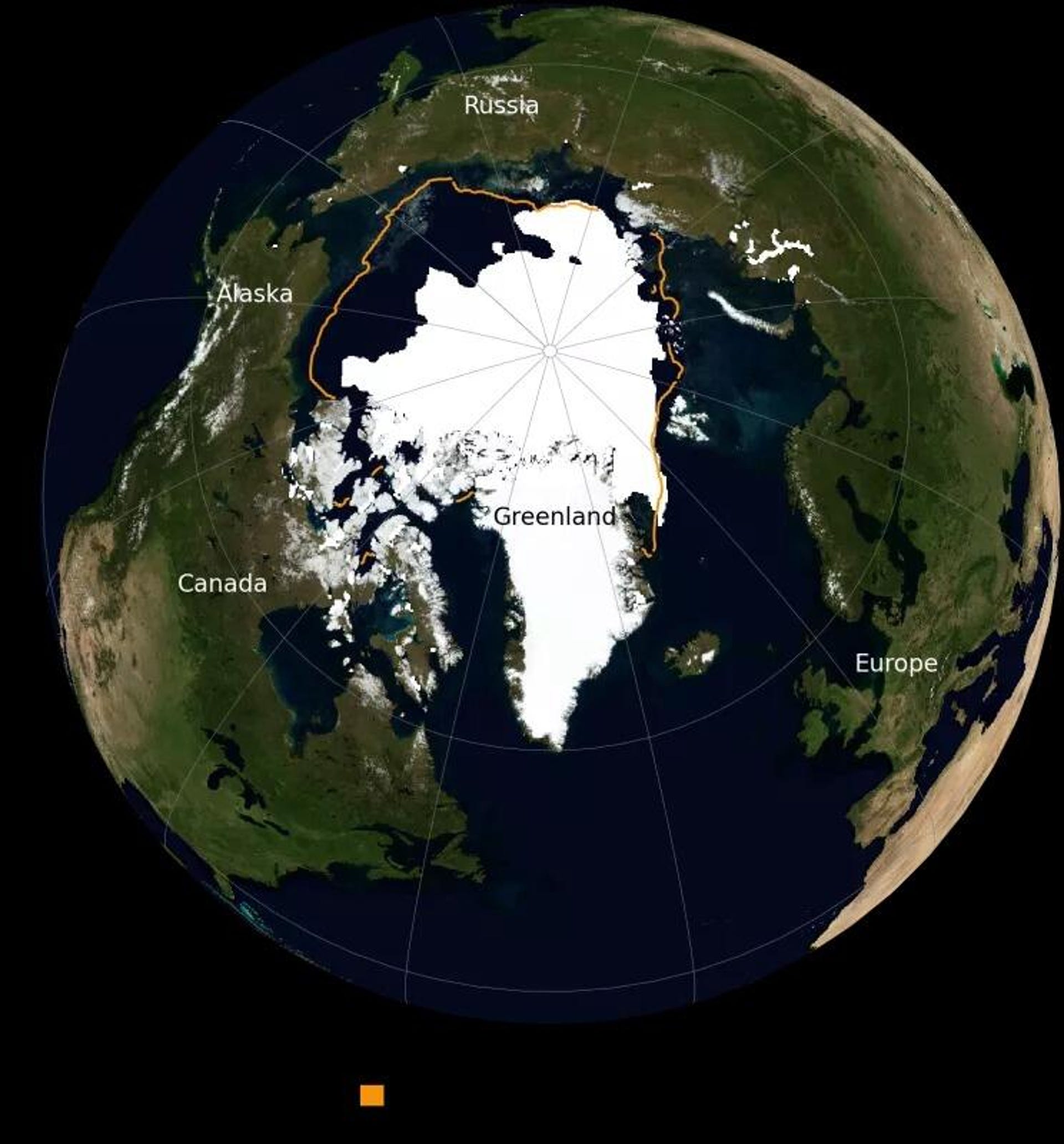Top-down view of the Artic in white with Greenland marked. Yellow line shows media ice edge from 1981-2010. The current white ice area is notably smaller.