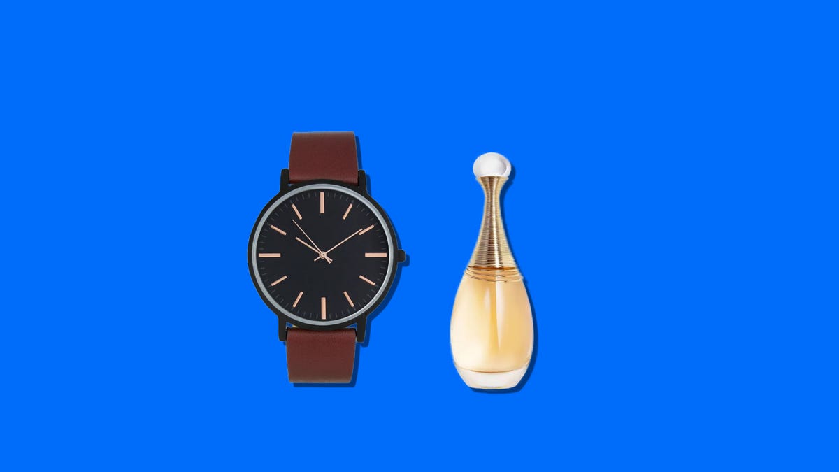 A men's watch paired with a bottle of women's perfume