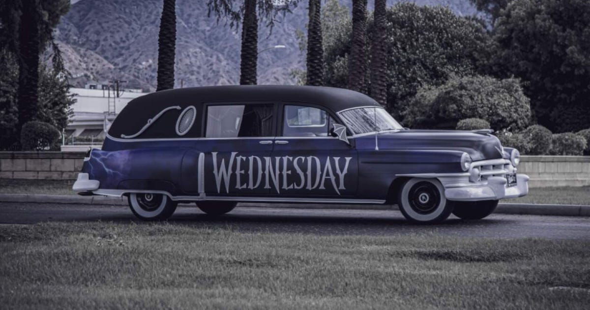 This ‘Wednesday’ Themed Hearse Is Available to Rent on Turo for 