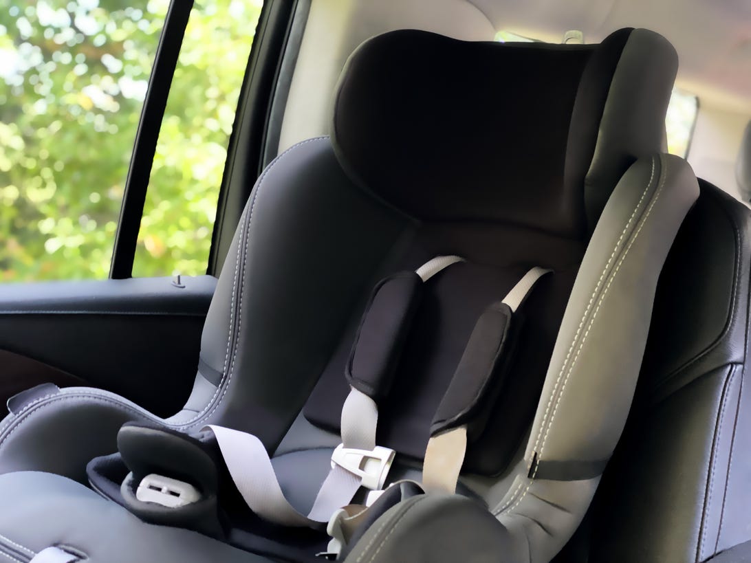 Front view of an empty child car seat - getty 1346266924