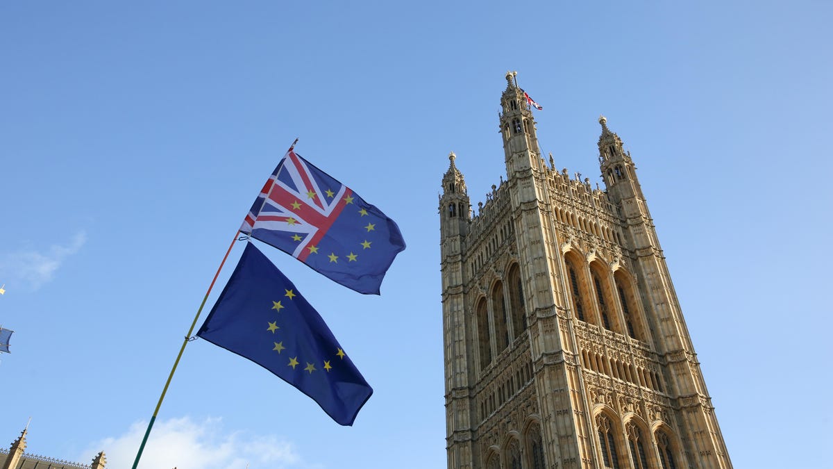 The European Union flag and the union jack flag are seen