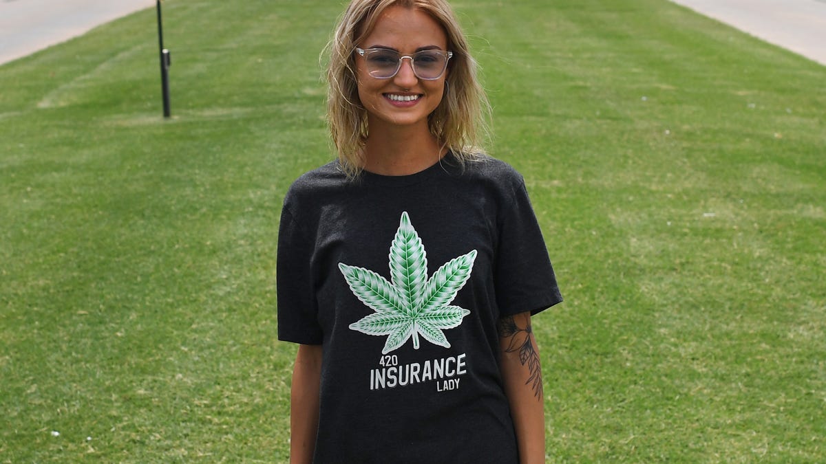 Woman wearing marijuana t-shirt