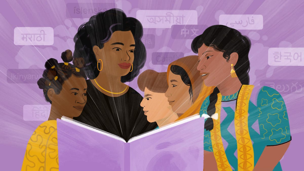 Illustration of five women and girls of different ethnicities reading a book