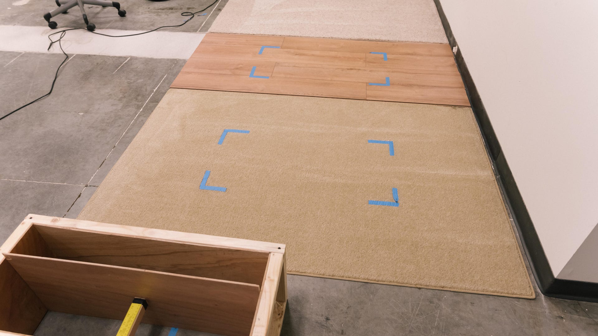 Three flooring surfaces used in the vacuum tests.