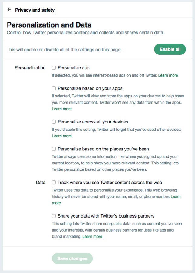 Screen shot of Twitter's personalization and data settings
