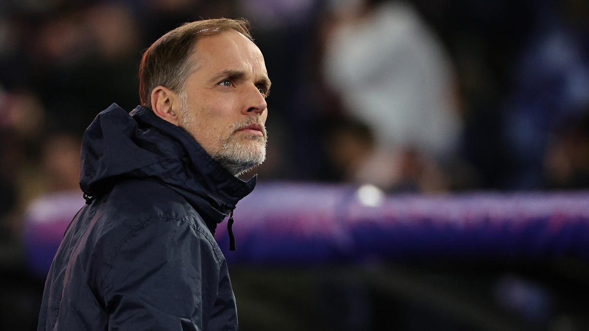 Bayern Munich manager Thomas Tuchel looks up to his right.