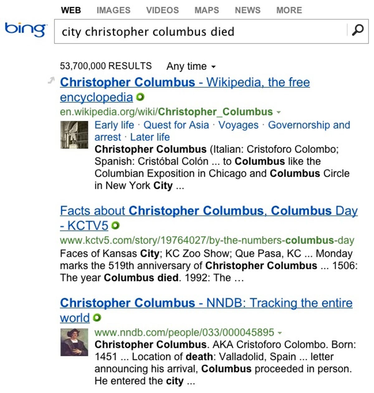 Bing search-results summary