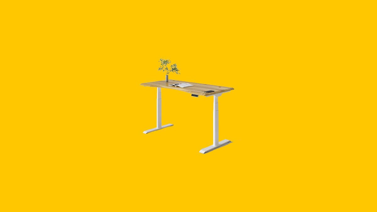 A FlexiSpot oval-shaped standing desk (E8) is displayed against a yellow background.