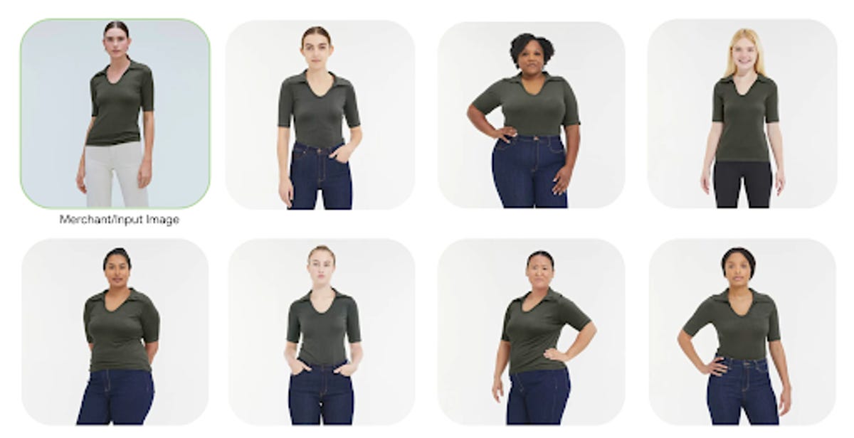An example of Google's new shopping feature shows how an Everlane blouse looks on different women.