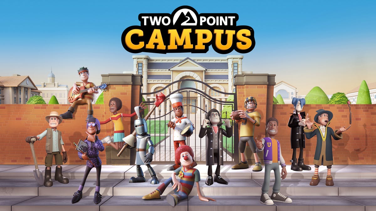 Students pose outside the gates of a university with the text "Two Point Campus" above