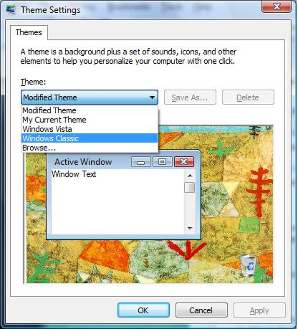 The Themes options in Windows Vista's Personalization dialog box
