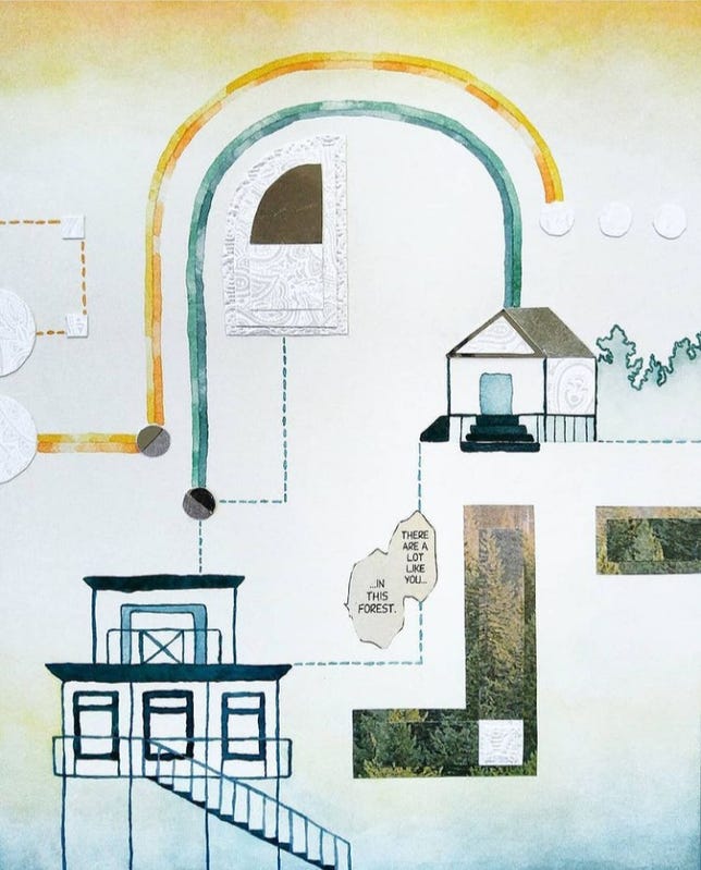 Abstract artwork with collage-like cutouts on a watercolor background. The artwork appears to depict two houses linked together with a dotted line, along with some trees. "There are a lot like you in this forest," a comic bubble reads.