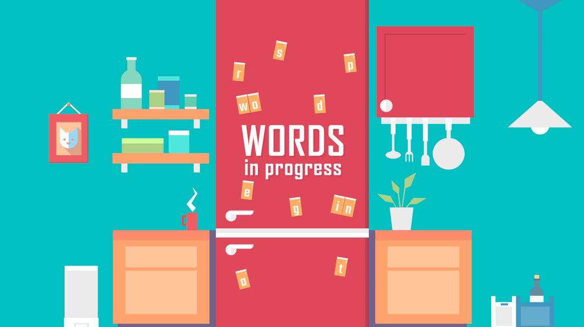 Title card for Words in progress showing a refrigerator with magnets on it and two cabinets on either side of the fridge