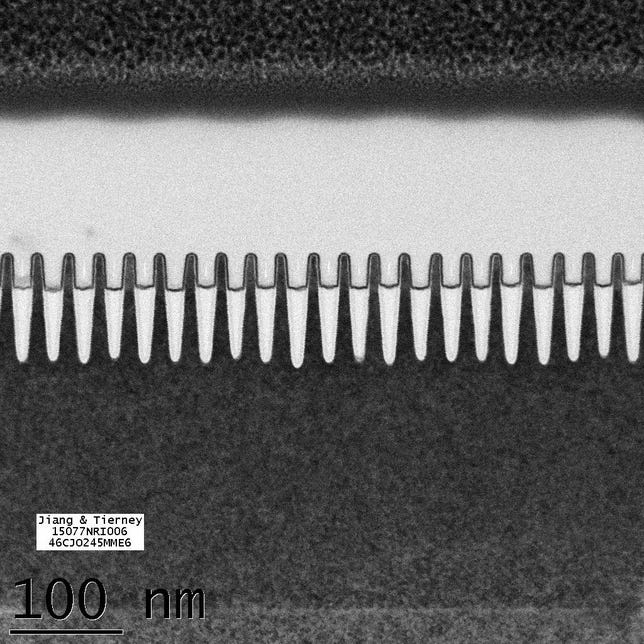 This comblike pattern on IBM Research's test chip shows the protruding "fins" in the foundational chip circuit elements called transistors.