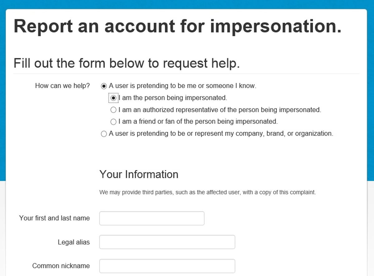Twitter support form: report impersonation