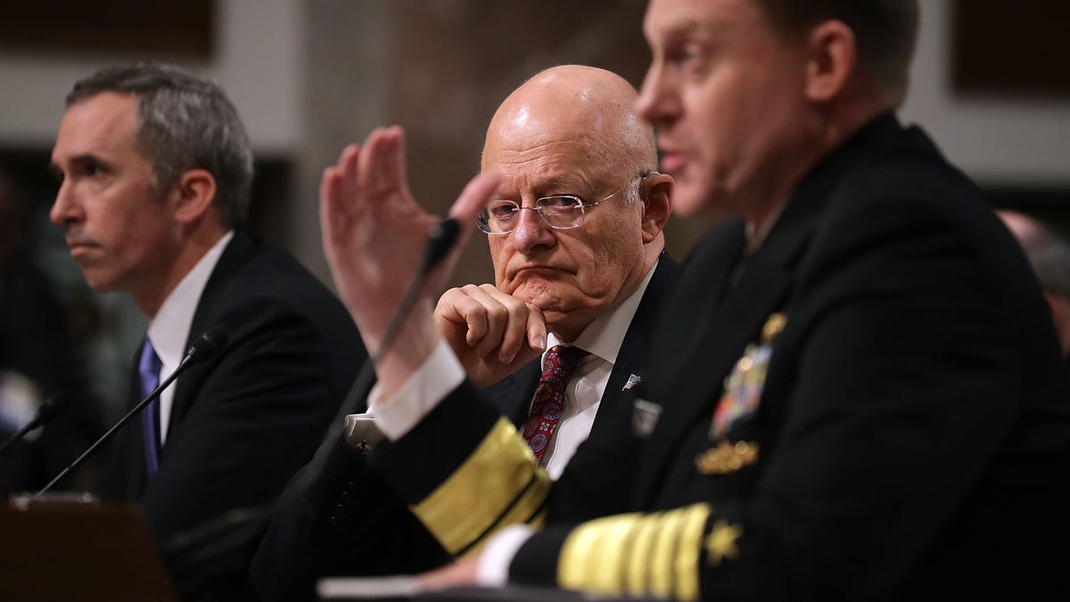Left to right: Defense Undersecretary for Intelligence Marcell Lettre II, Director of National Intelligence James Clapper and United States Cyber Command and National Security Agency Director Admiral Michael Rogers testify before the Senate Armed Services Committee on Thursday.