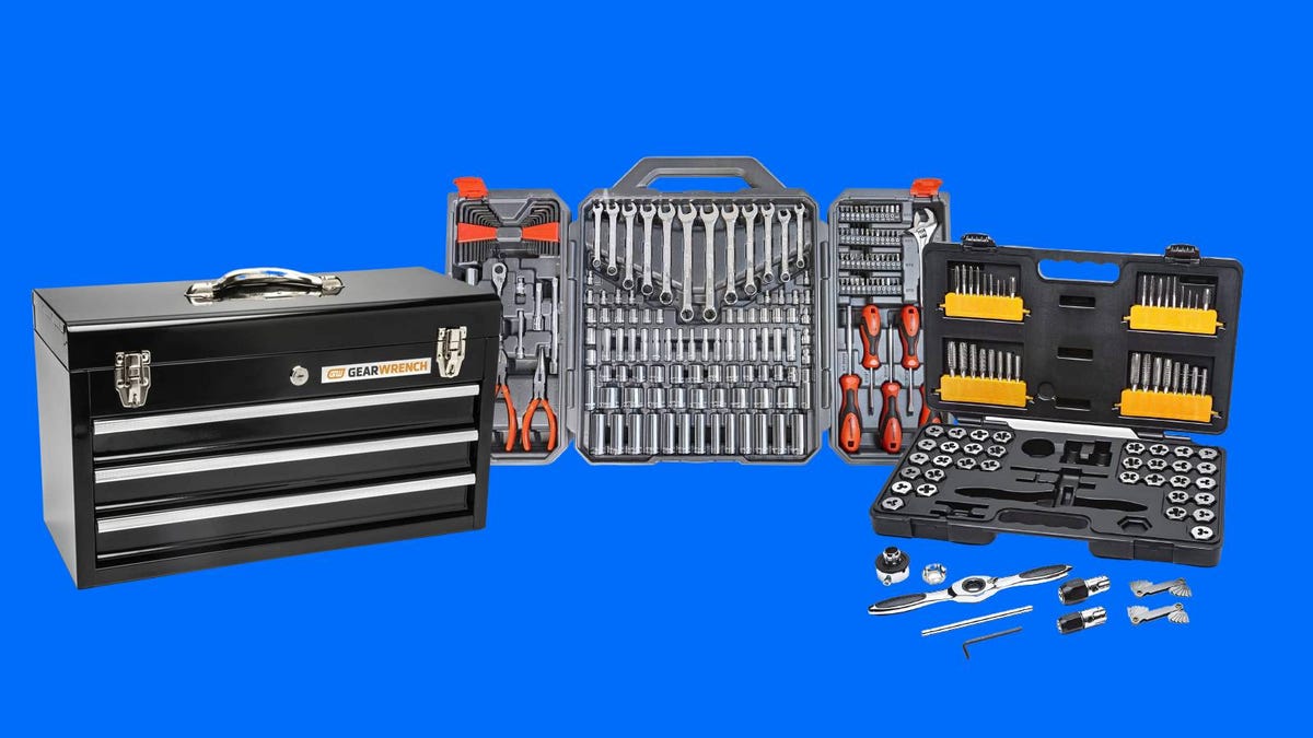 Gearwrench and Crescent tools are displayed against a blue background.