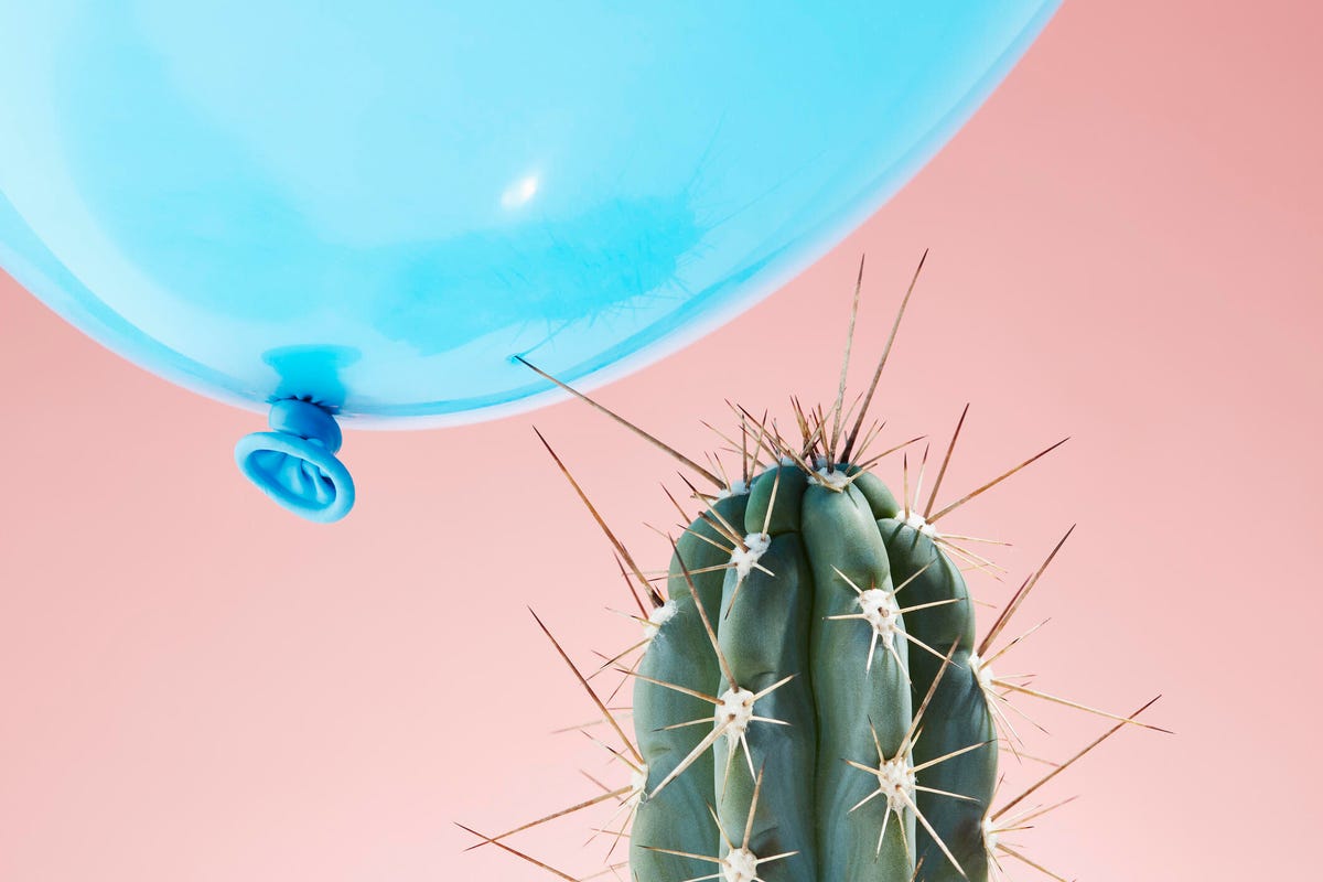 a cactus about to pop a blue balloon, pink background