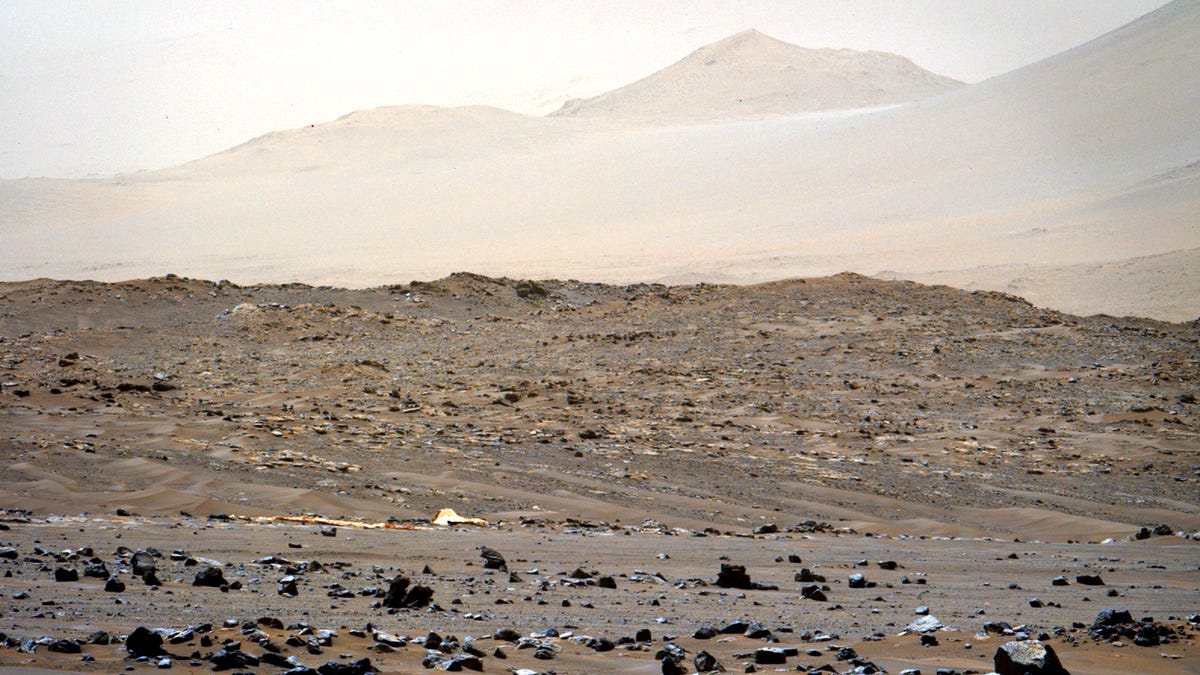 A landscape photo of Mars with dark rocks in the foreground and light yellow hills in the background