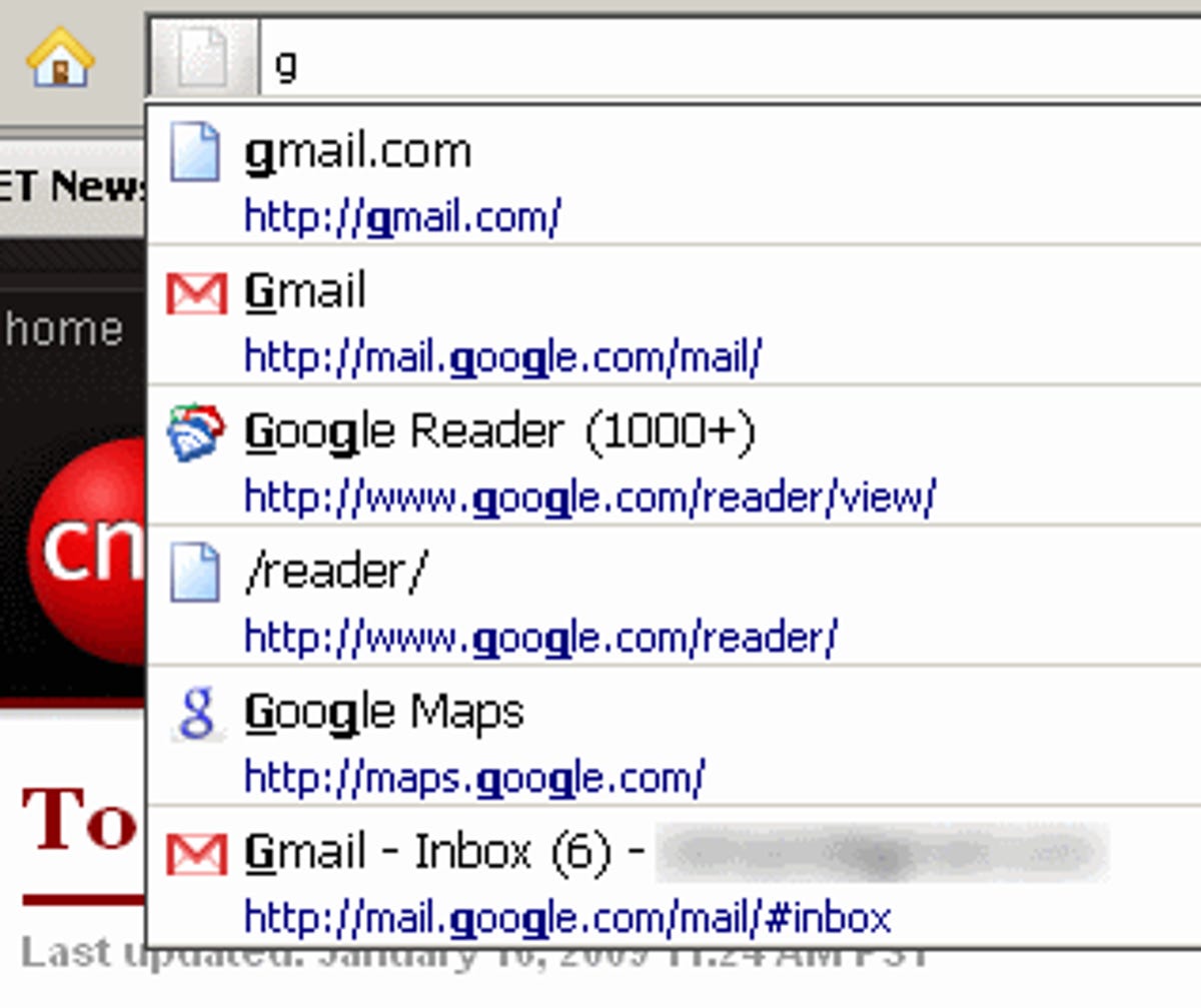 After typing 'g' in Firefox, it takes two more keystrokes to load Gmail.
