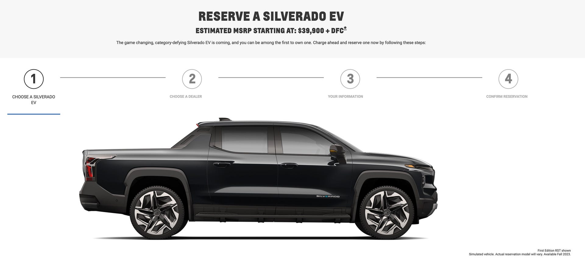 Chevy Silverado EV reservations screen